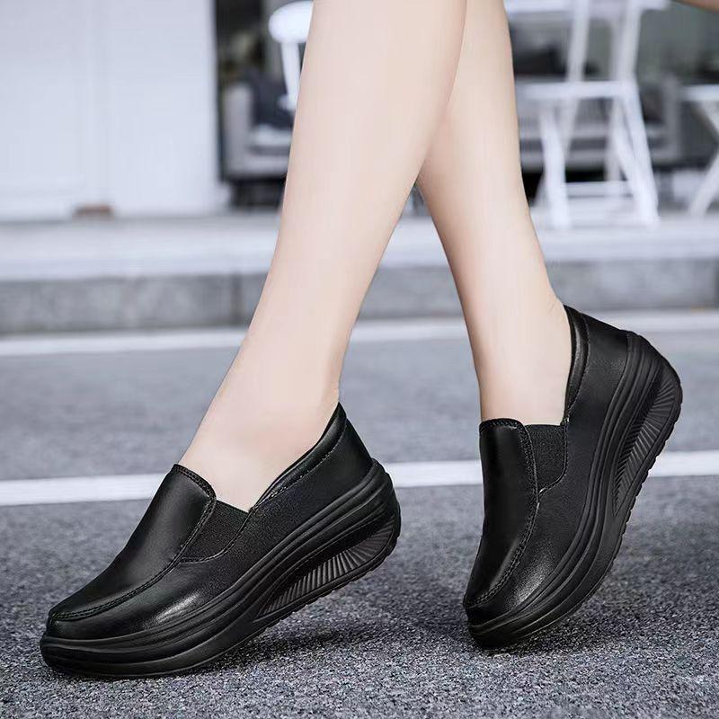 Women's Shoes Spring Genuine Leather Soft Outsole Work Shoes Female Black Swing Shoes Woman Plus Size Wedges Single Shoes