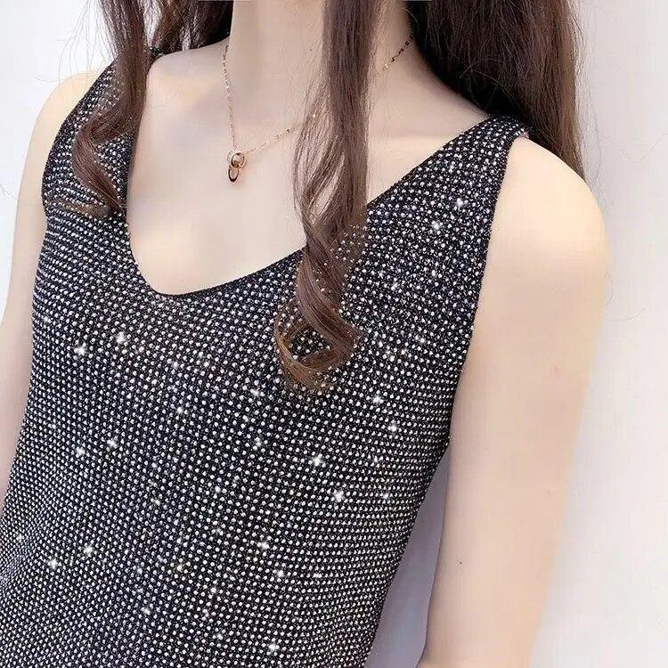 Summer Women's Ice Silk Diamond Camisole Loose Sleeveless V-neck Bottoming Shirt Tank Crop Tops