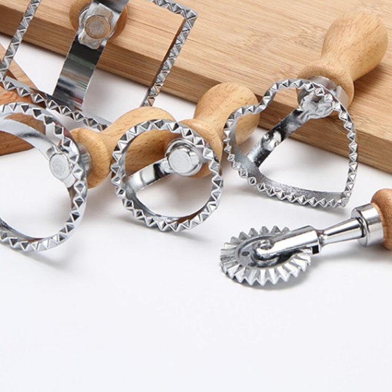 5 Pieces Ravioli Stamp Set Square Round Ravioli Maker Wheel Heart Maker Mold with Wooden Handle for Ravioli Pasta Dumplings Tool