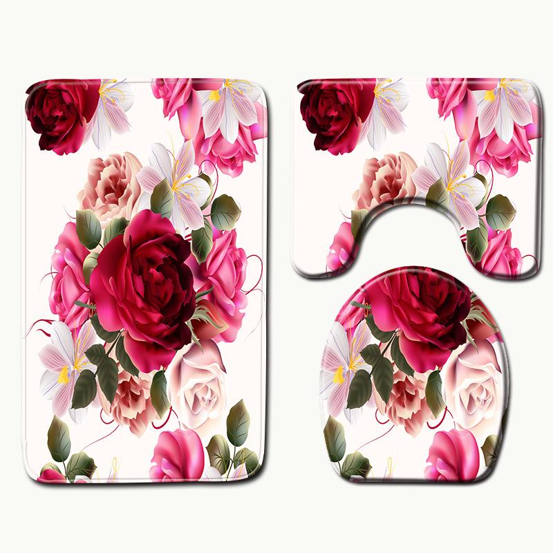 Peony Toilet Three-Piece Bathroom Floor Mat Doormat Combination
