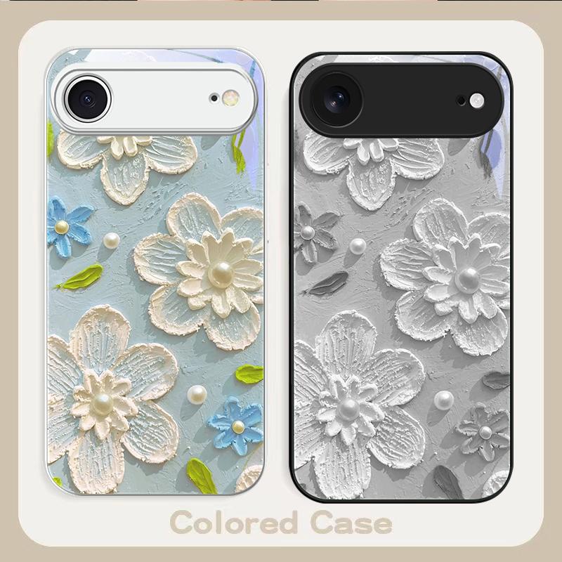 Kremas ryžiai balti žiedlapiai Skirta iPhone 17 Air 16 E 15 14 13 Plus 12 mini 17 Pro Max 11Pro XR Xs 16E 7 8 11 Grūdintas stiklas telefono dėklas