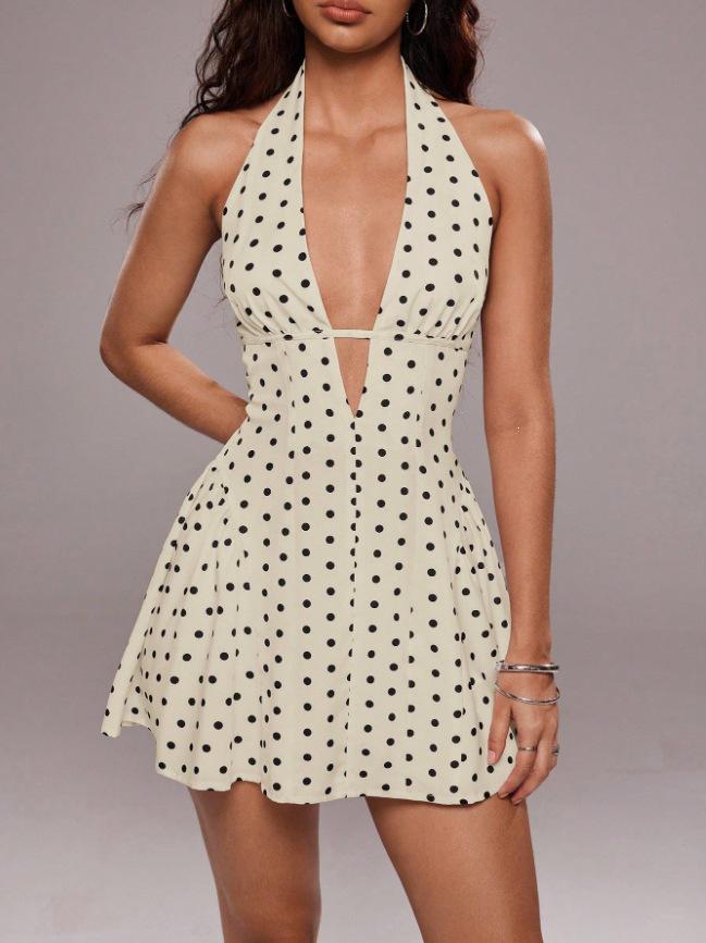 2026 Cross-border Sleeveless Halter Deep V Polka Dot Open Back A-line Mini Dress for Women
