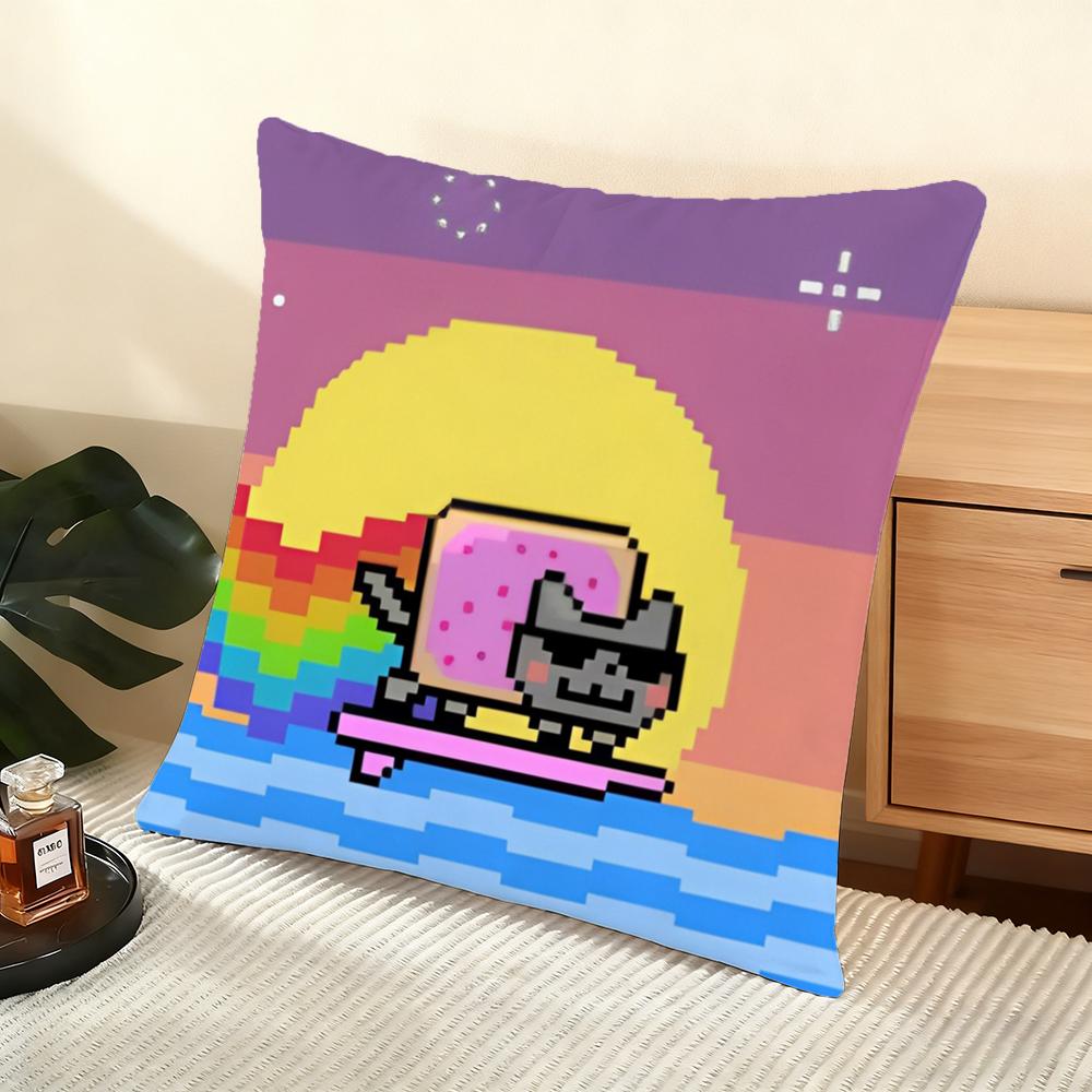 Cartoon Game N-Nyan-C-Cat Cushion Cover Soft Short Plush Pillow Cover Smooth Cozy Texture Aesthetic Cushion Case Home Decor