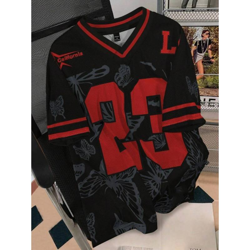 

Summer Fashion Butterfly 23 Print TShirt For Women V-Neck Mesh Hole Short Sleeve Sports Football Jersey Y2K Loose Women Clothing 6XL