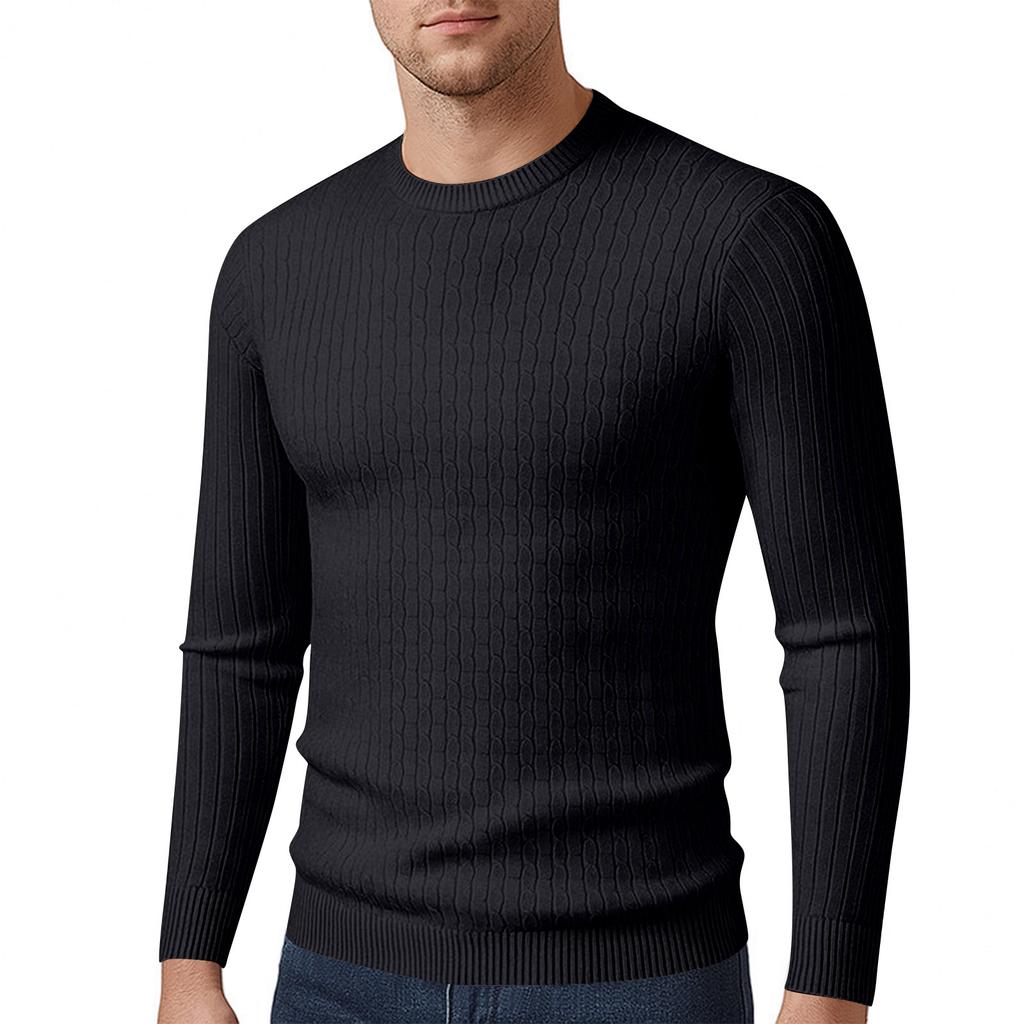 Men's Long Sleeved Solid Color Cable Knit Sweater Bottoming Shirt Slim Fit Pullover