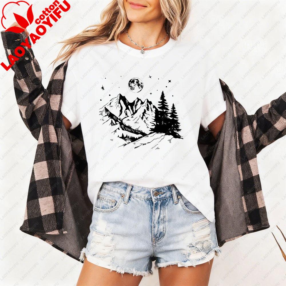 

Mountain Moon Forest Women TShirt Cotton Short Sleeve Tops Casual Fashion Summer Tops Outdoor Adventure Lover Gift S