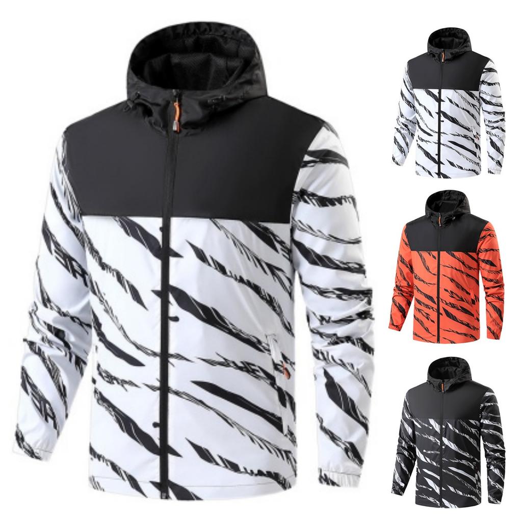 Herren Lässige Outdoor Jacke mit Kapuze im Reißverschluss-Stil, Herren Farbblock Schnelltrocknend Dünn Winddicht Und Wasserdicht Sport Windjacke