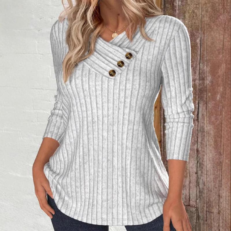 

New Autumn and Winter Women s Three-pin Button Pit Strip T-shirt Irregular Design V-neck Long-sleeved Top S білий