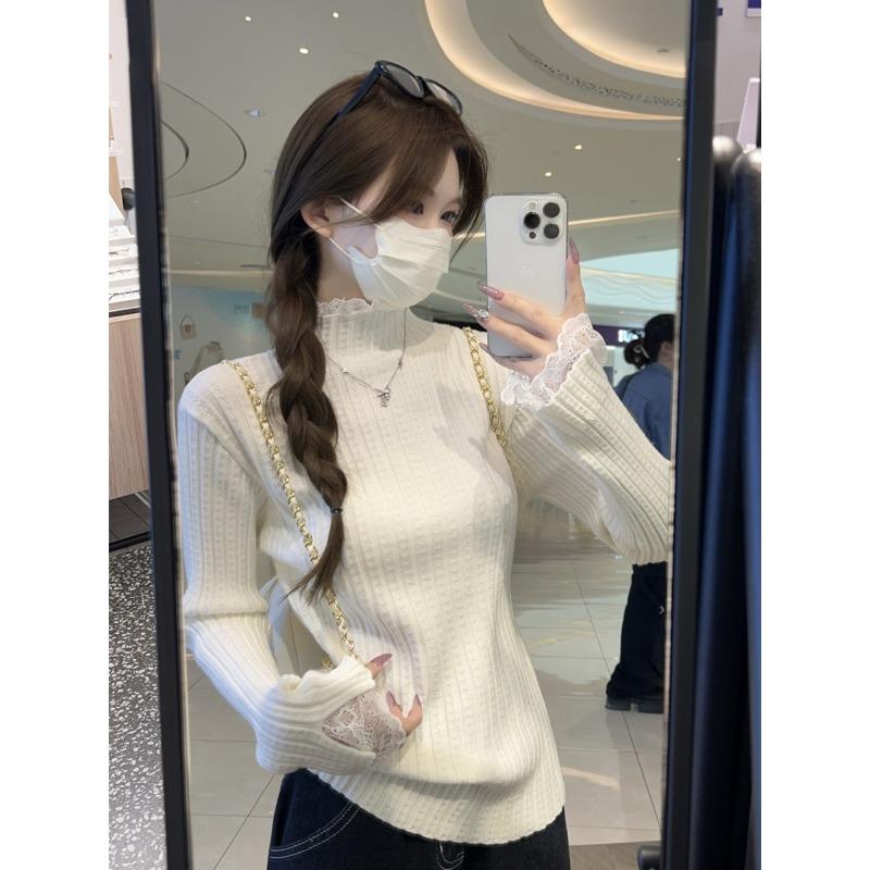 Premium semi-turtleneck lace knitted sweater inside, autumn and winter slim-fitting and thin top, bottom sweater women