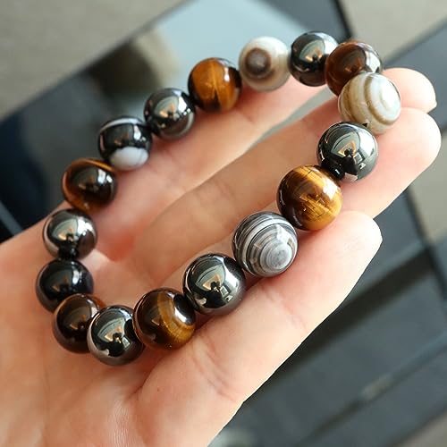[GOLD STONE] Tiger's Eye and Hematite Bracelet, 12mm, Power Stone, Natural Stone, Prayer Beads, Men's Accessory, Inner Circumference: Approx. 18.5cm