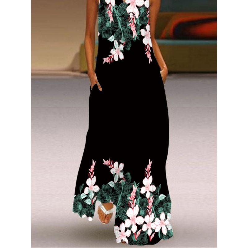 Black Dress 2025 Spring/Summer New Arrival Women's Retro Print Long Dress Chiffon V Neck Sleeveless Pocket Dress