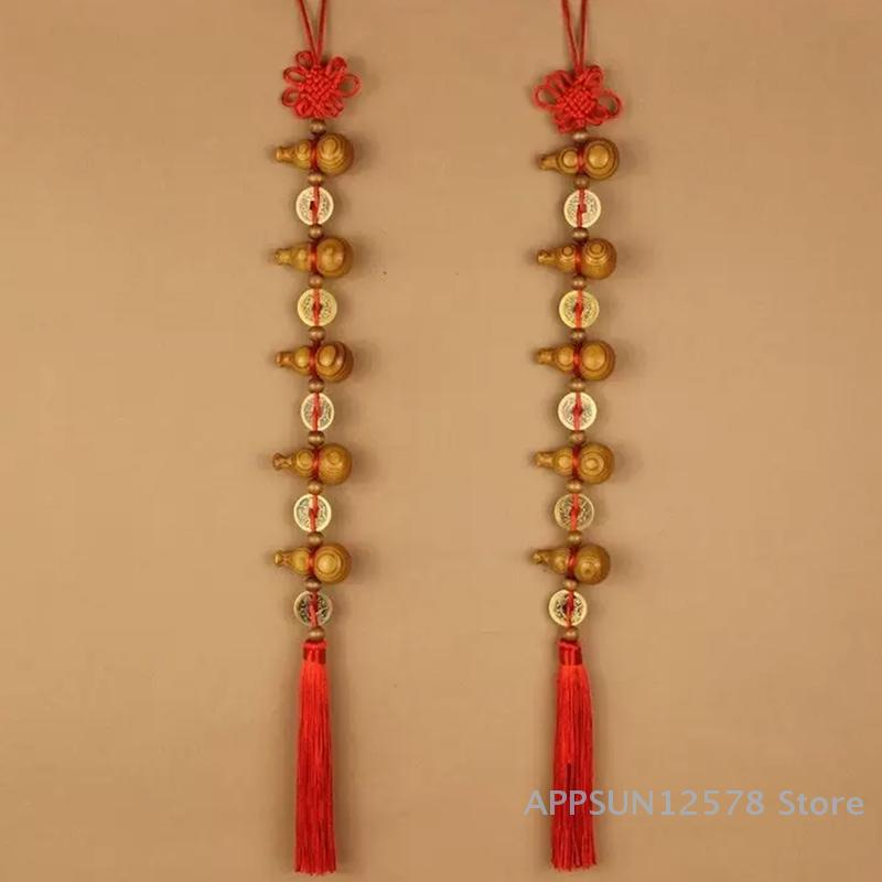 Solid Wood Gourd Copper Coin Pendant with Chinese Knot for New Year Home Decoration Lucky Fortune Living Room Door Hanging