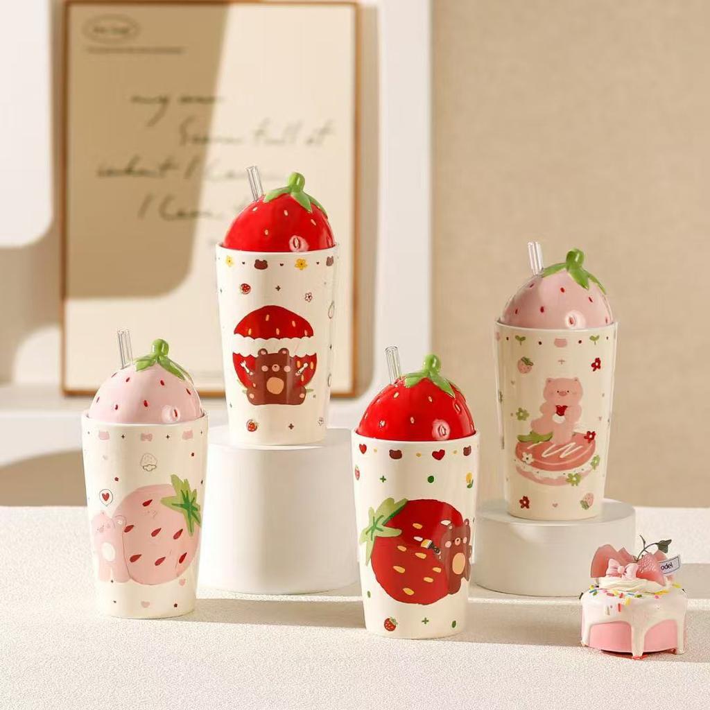 2025 Summer Hot-Selling Straw Cup Direct Sales Whole Ceramic Cup With Lid With Straw Cartoon Mug