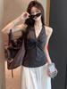 Spicy Girl Niche Twisted Halter Crop Top: Backless, Pleated, Sleeveless, Trendy Design