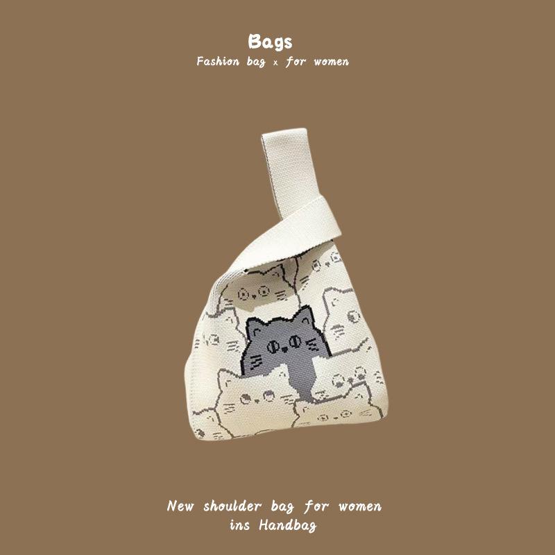 Ins Trendy Handbag Women'S Knitted Wool Bucket Bag Hand Carry Casual Tote Bag Box Lunch Bag