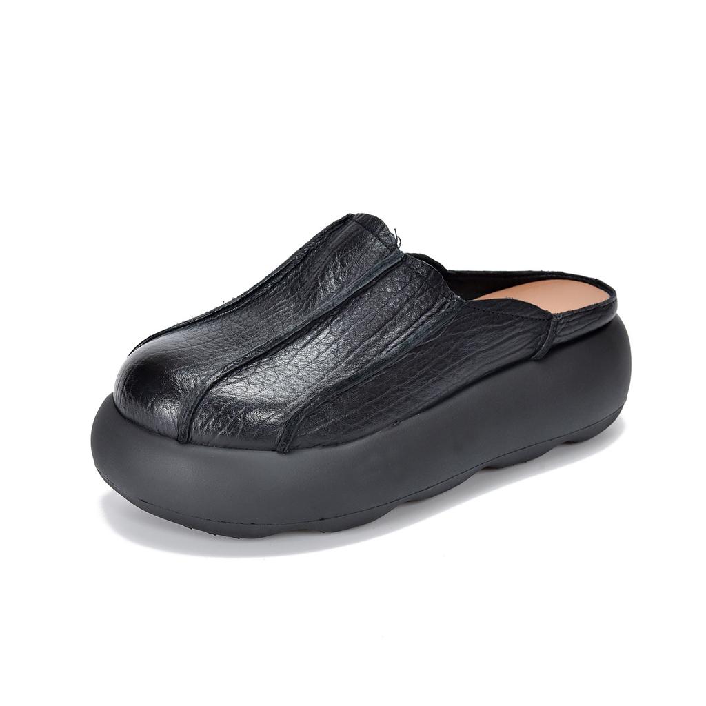 Johnature Vintage Genuine Leather Thick Soled Outdoor Slippers Round Toe Women's Slip-on Shoes
