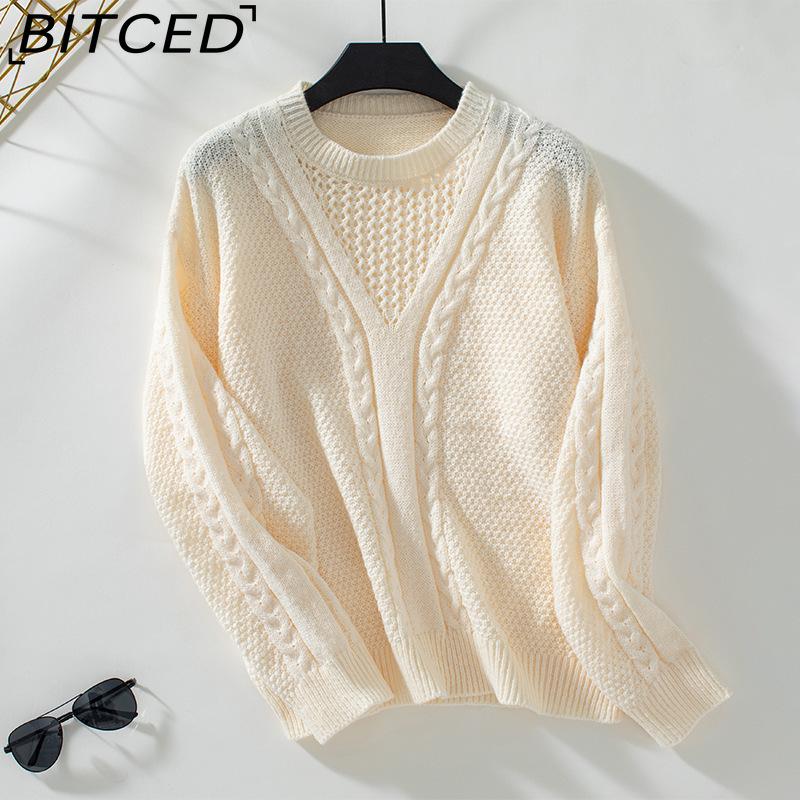 BITCED Solid Color Openwork Pullover Sweater for Women Autumn/Winter Vintage Twisted Knot Knitwear