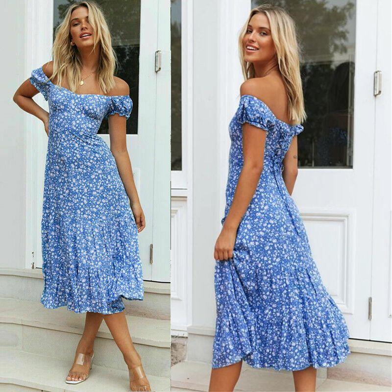 Vibrant Women's Boho Floral Off Shoulder Long Dress Perfect For Summer Beach Days