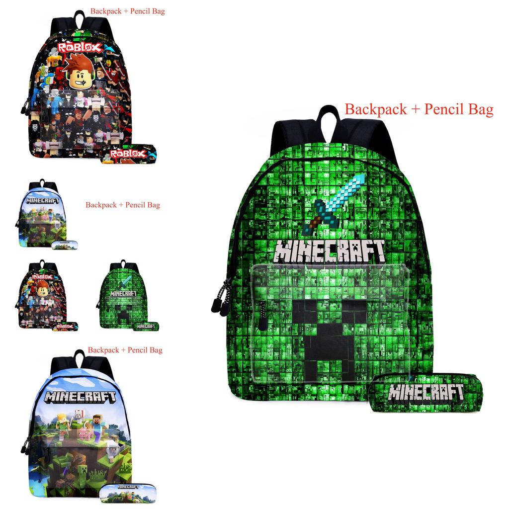 Durable Polyester Backpack With Minecraft Print And Pencil Case