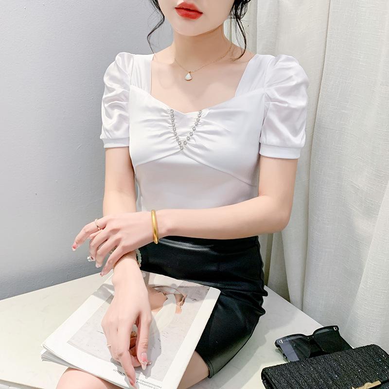 2024 Women's Summer Square Neck Slimming T-Shirt with Short Sleeves