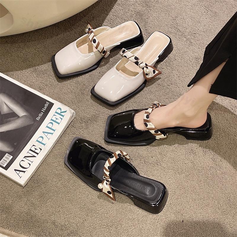 Fashion French Style Thick Heeled Half Slippers for Women's 2025 Summer New Square Head Muler Shoes Fashion Slip On Comfortable Sandals