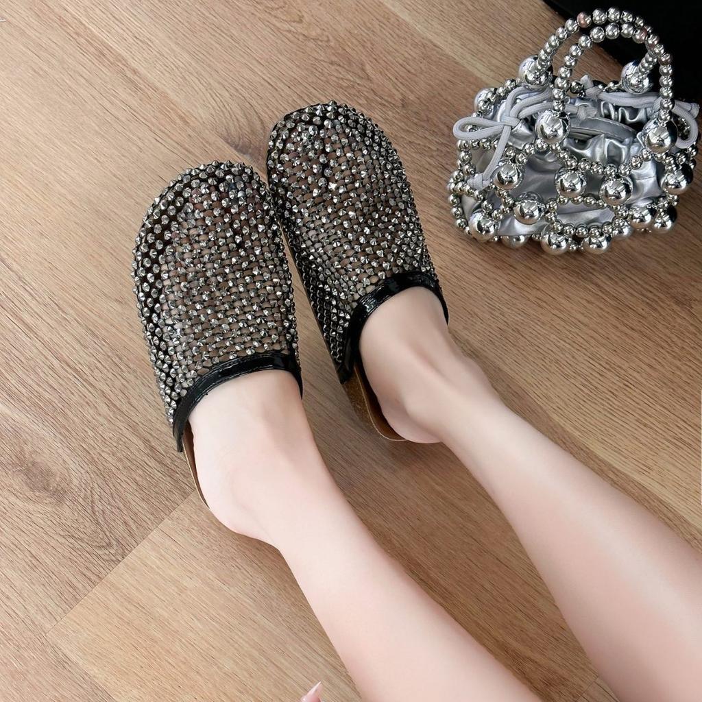 2025 summer rhinestones full diamonds fishing net baotou big head baotou half slippers sandals toboken shoes flat women's shoes