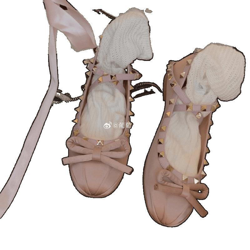 Shoes Round Head Light Mouth Contrasting Color Satin Bow Rivet Flat Sole Shoes Women's Spring