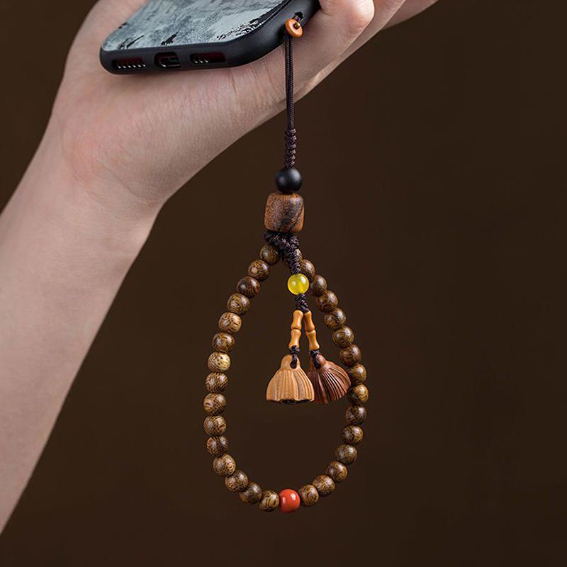 Catena per Cellulare con Perline di Agarwood Retrò Laccetto da Polso da Donna Ciondolo da Polso Corda da Appendere Decorazione Regalo