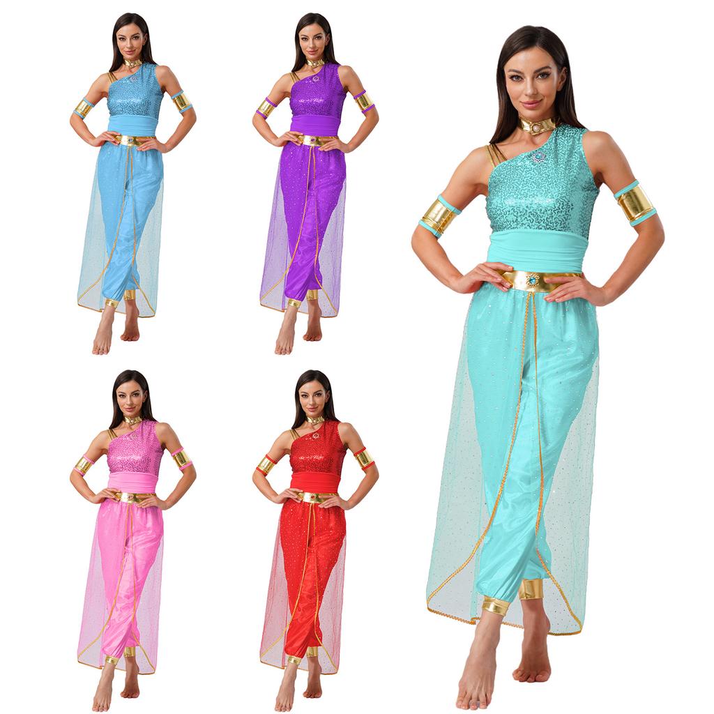 Womens Arab Princess Costume Belly Dance Design Gem Decor Contrast Color Shiny Tulle Overlay Jumpsuit