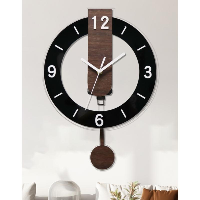 Noiseless Quiet Wall Clock Wooden Grains Acrylic Aesthetic Arabic Numerals Indoor Hanging Swing Clock with Pendulum