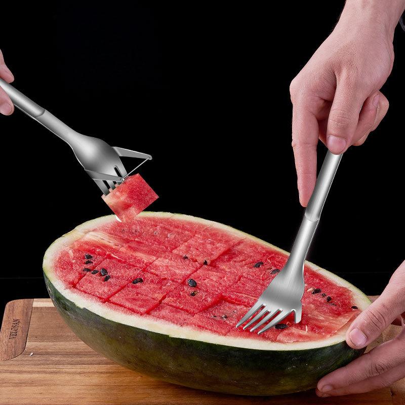 2 in 1 Tragbarer Wassermelonenschneider Gabel Edelstahl Multifunktionale Melonen-Fruchtteiler Schneidemesser Gemüse Küchenwerkzeuge