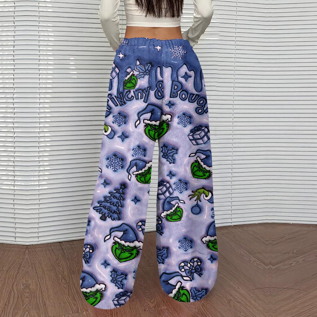 Women's Casual Christmas Print Elastic Waist Loose Fit With Plush Wide Leg Pants