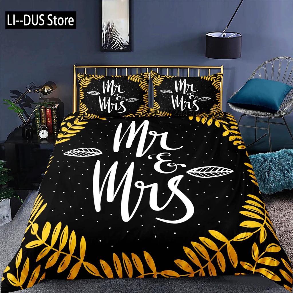 Black and White Duvet Cover Queen/King/Full Size Mr and Mrs Bedding Set 3Pieces Soft Microfiber Couple Romantic Comforter Cover