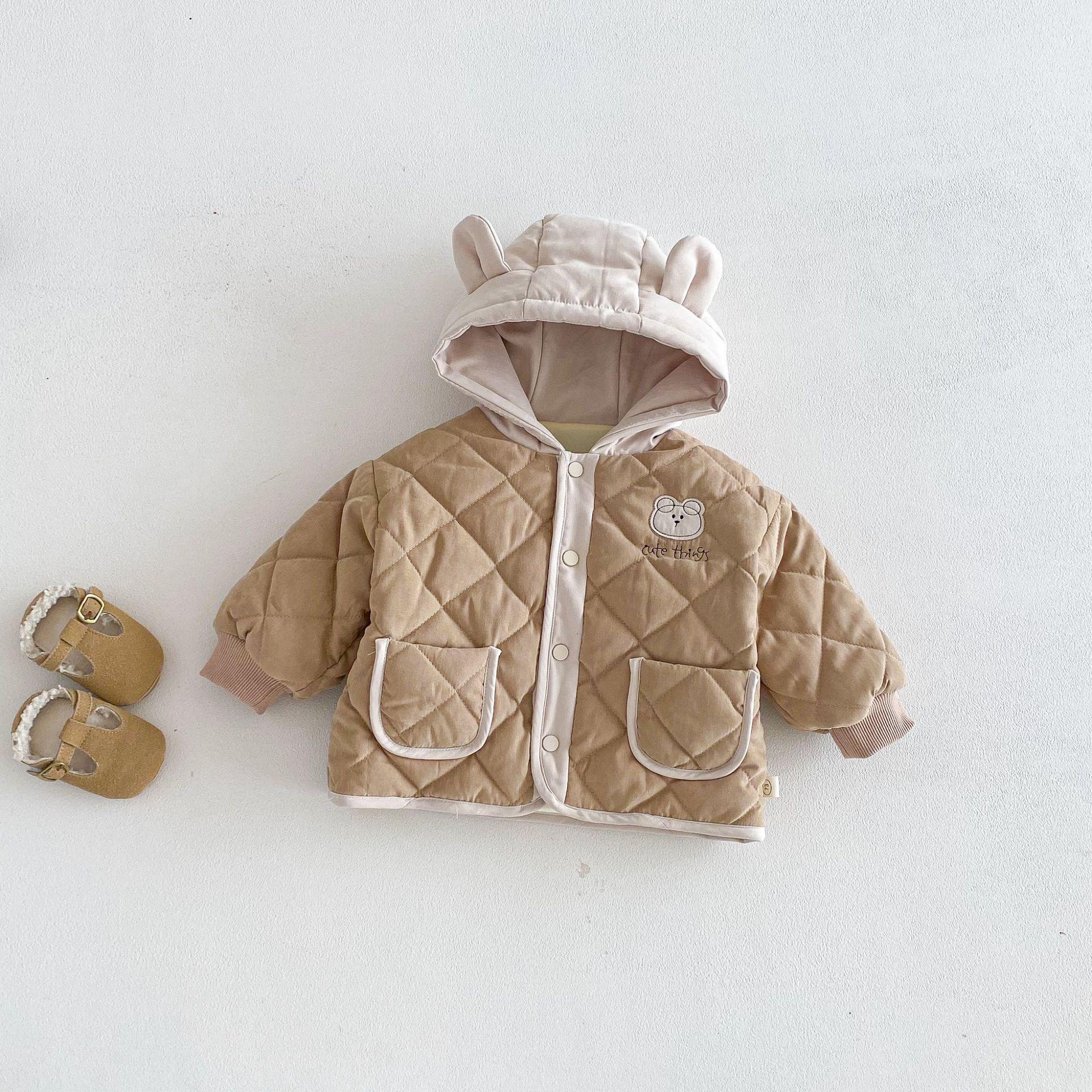 

2025 New Winter Boys Quilted Cotton Jacket - Little Bear Hooded, Thick, Fashionable Outerwear 110 кавовий/вершковий