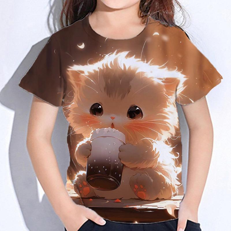 Dívčí oblečení Roztomilé tričko s potiskem kočky Krátký rukáv Dívčí tričko Letní dětské oblečení Tričko s kulatým výstřihem Top Trička Módní dětské tričko