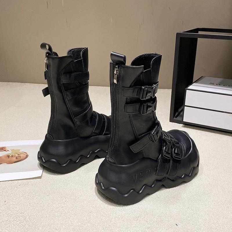 Fashion Women Chunky Mid-Calf Boots New Autumn Leather High Platform Round Toe Ladies Shoes Punk Buckle Motorcycle Boots Winter Sneakers