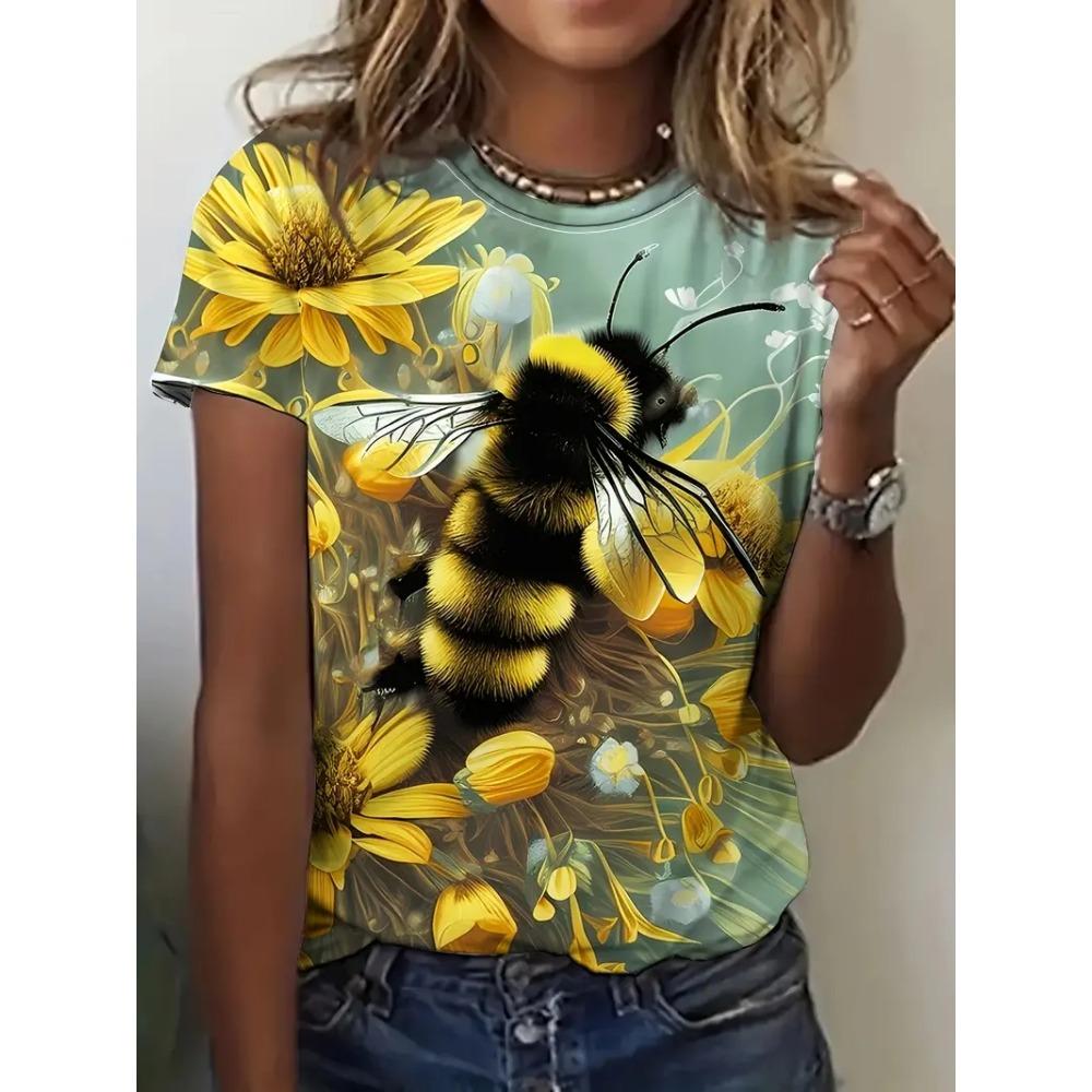 Multicolor floral printed T-shirt, casual street style, high-end top women's clothing, short-sleeve T-shirt for 2025.
