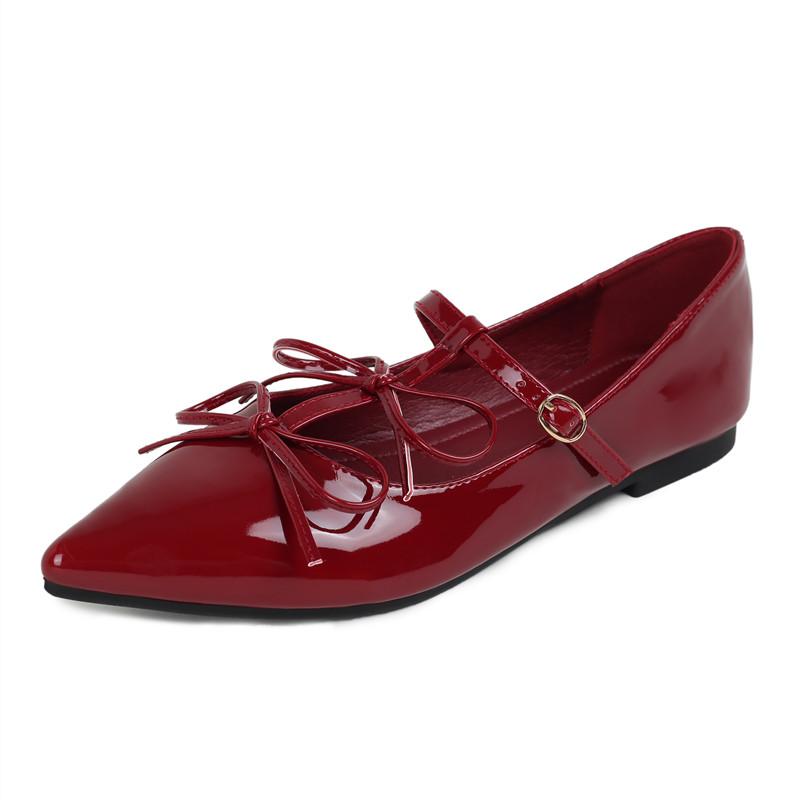 Patent Leather Bowknot Mary Janes Women Flats Pumps Spring Summer Elegant Pointed toe T-Strap Ladies Flats Party Shoes