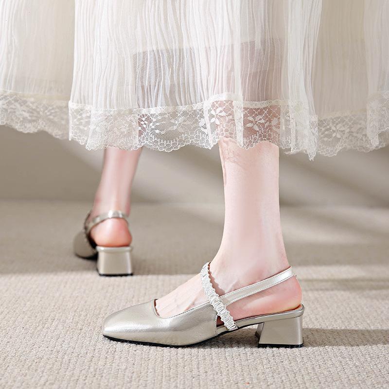 Coarse-heeled Baotou Temperament 2025 Summer Air New Rhinestone Square Head White Sandals Women's Heel Mary Jane Cool Single Shoes