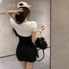 Women's Dress Color Contrast Splices Slim Short Sleeves O Neck