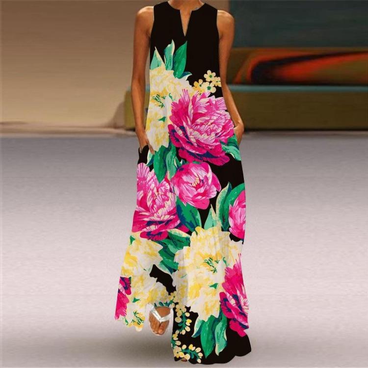2024 Retro Women Summer Sleeveless V Neck Long Printed Dress Skirt