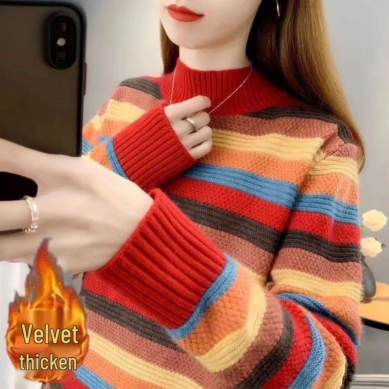 

Женский свитер с высоким воротом, в полоску, крупной вязки, свободного кроя - Осенне-зимняя корейская стильная толстая многослойная верхняя одежда 3XL recommended for 145-155 jin