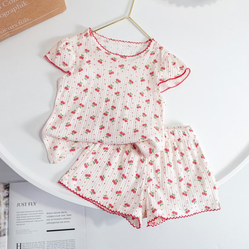 Girls Summer Floral Cap Sleeve Round Neck Short Sleeve Shorts Pajama Set Baby Air Conditioned Room Sleepwear Homewear