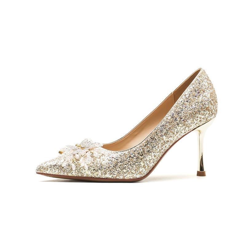 High heels are not tired of feet, silk sequins, flower shoes, thin heels, women's shoes, versatile pointed single shoes, sandals, women's summer