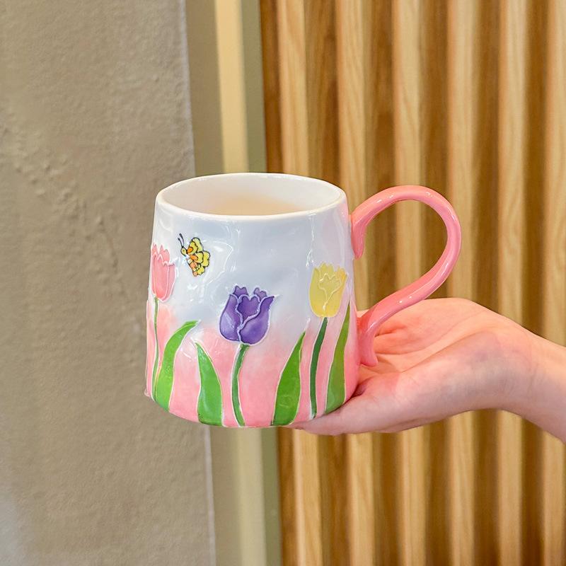 Girls Heart Ins Wind Hand-painted Tulip Ceramic Cup Girls Senior Sense Souvenir Couple Flower Mug