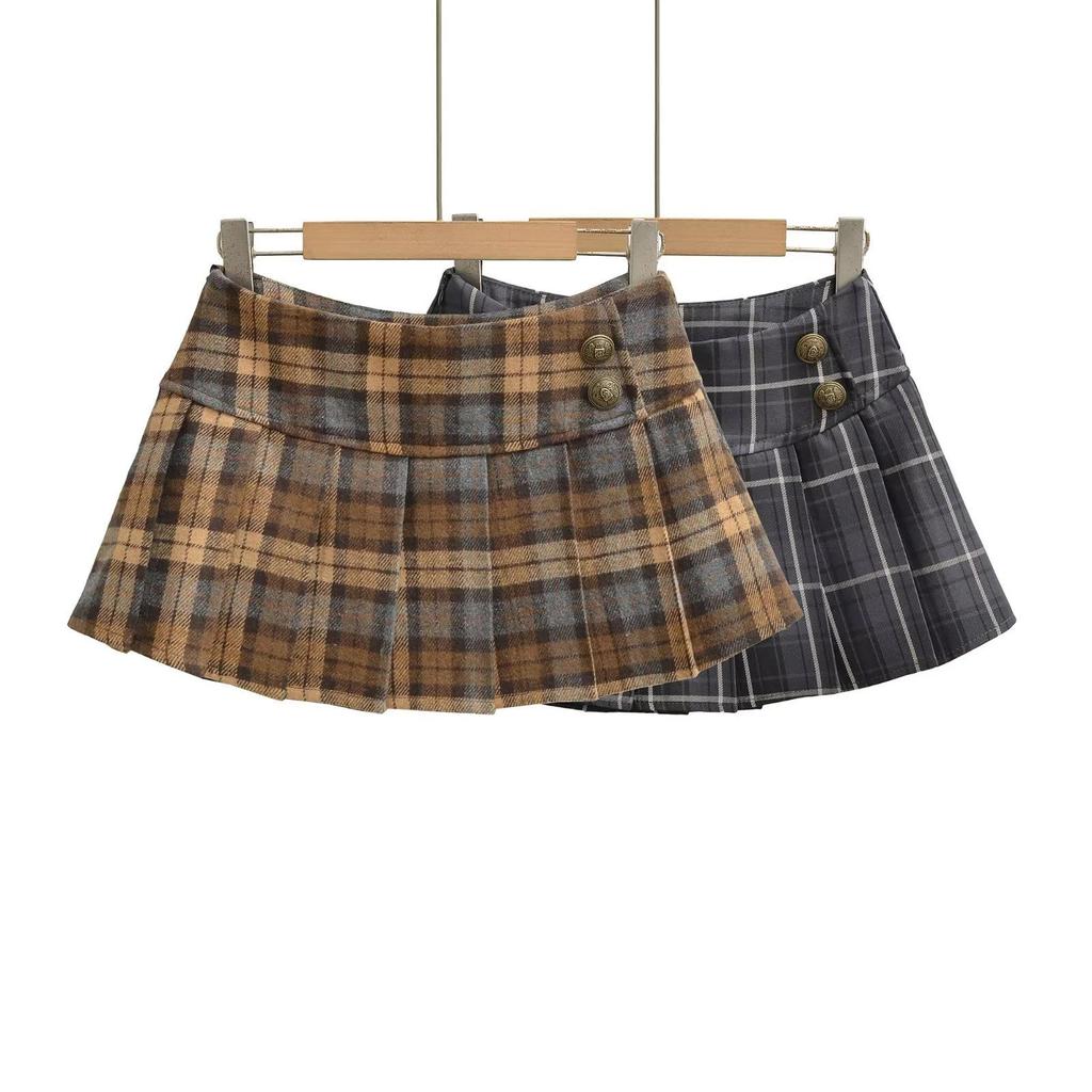 American Retro Low-Waist Plaid A-Line Mini Skirt - Women's College Style, Pleated, for Spring/Autumn