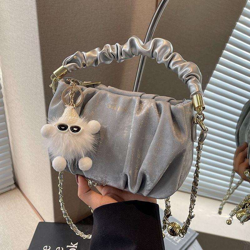 Stylish Small Crossbody Bag For Women With Trendy Chain Detail And Soft Fabric In Black Beige Pink Or Gray