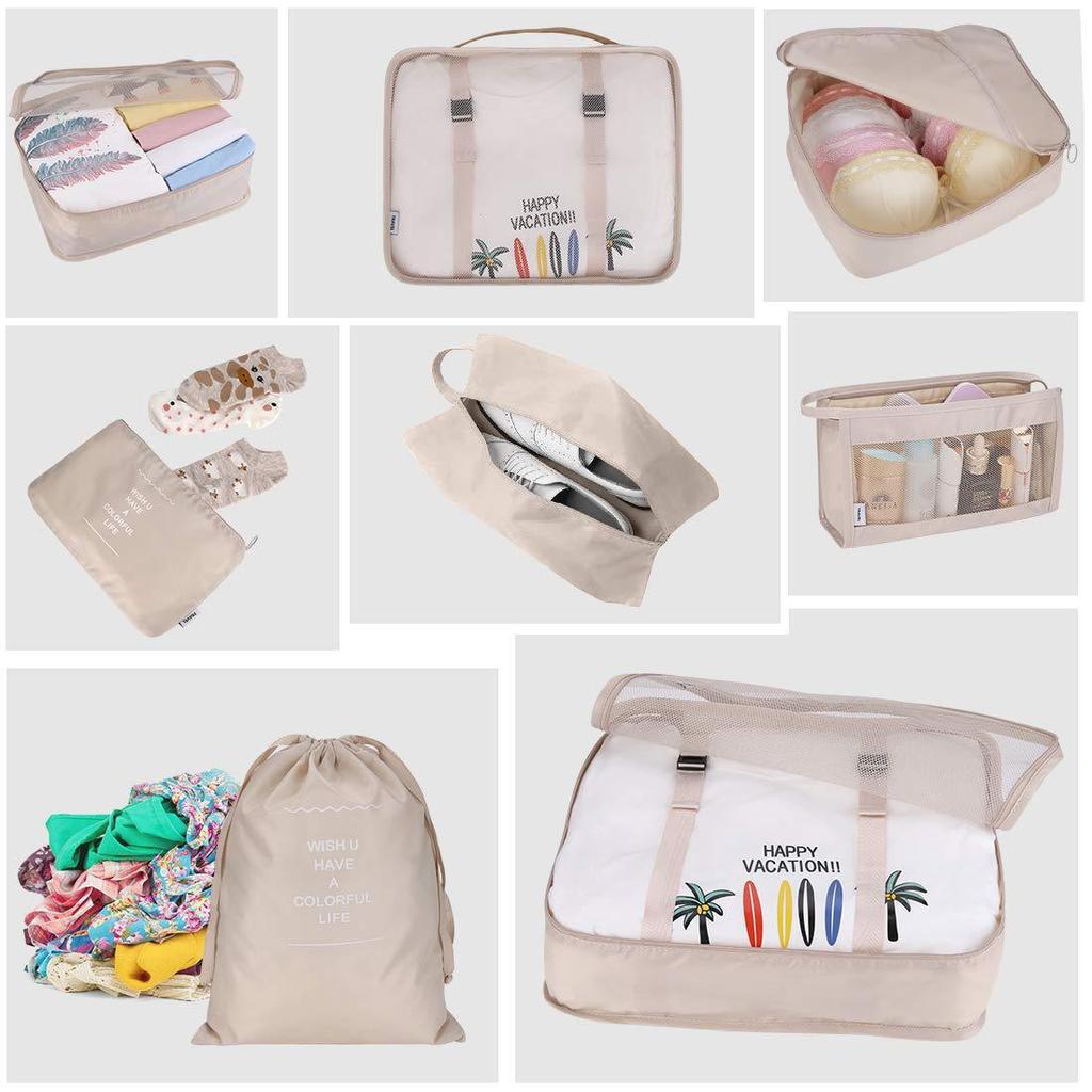 Eight-Piece Travel Organizer Set: Storage Bags & Makeup Bag for Clothes and Accessories.