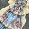 French Romantic Style Blue Floral Spaghetti-Strap Long Dress for Women Summer Korean-Style Tiered Slimming VacationBeach Dress