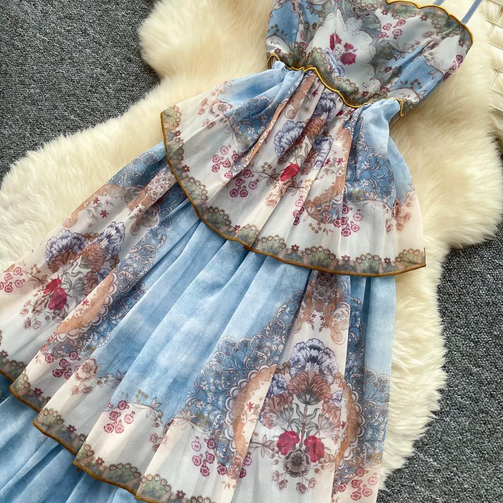 French Romantic Style Blue Floral Spaghetti-Strap Long Dress for Women Summer Korean-Style Tiered Slimming VacationBeach Dress